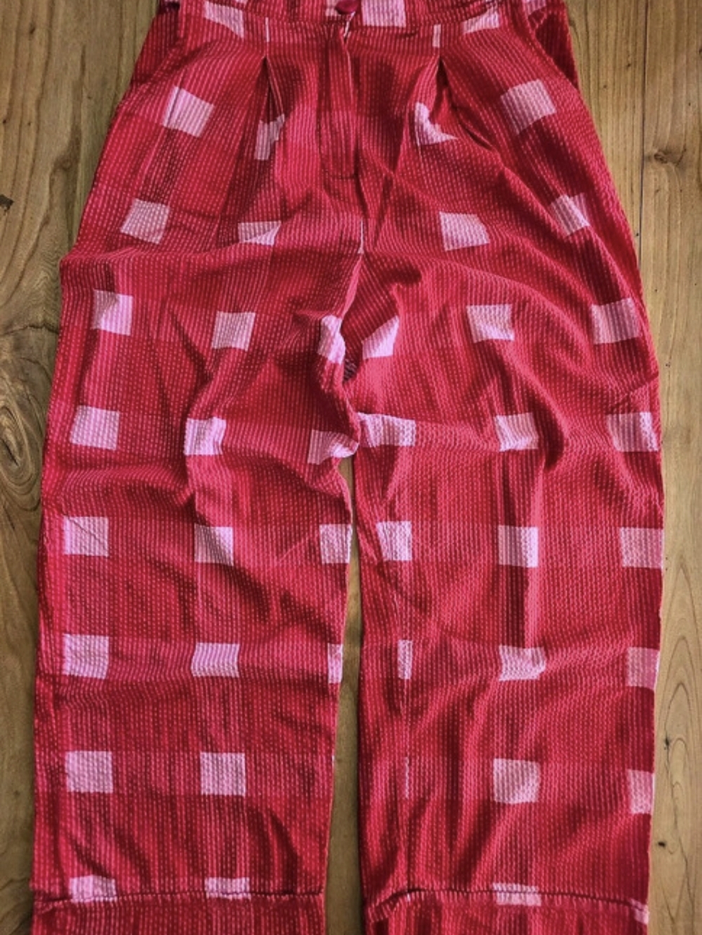 porridge Red Pink Checkered Pleated Seersucker Wide Leg Pants - Large